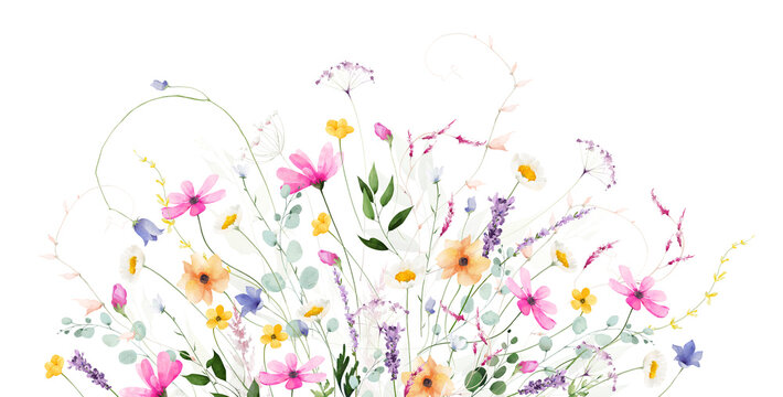 Watercolor floral semicircle border. Meadow violet, orange, pink, yellow, blue flowers, turquoise eucalyptus branches, green leaves, wild herbs. Hand drawn illustration. Artistic template design