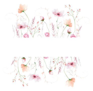 Watercolor floral rectangular border frame. Growing pink and orange, poppy, peony, rose flowers, blush fern branches, peach leaves. Hand drawn style illustration. Artistic template design.