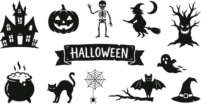 Black silhouettes of halloween icons on white background including house, pumpkin, skeleton, witch, tree, cauldron, cat, spider web, bat, ghost, hat