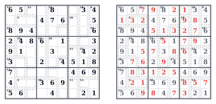 Killer Sudoku Logic Puzzle Worksheet with Dotted Sum Cages and Solved Red Number Answer Key Page