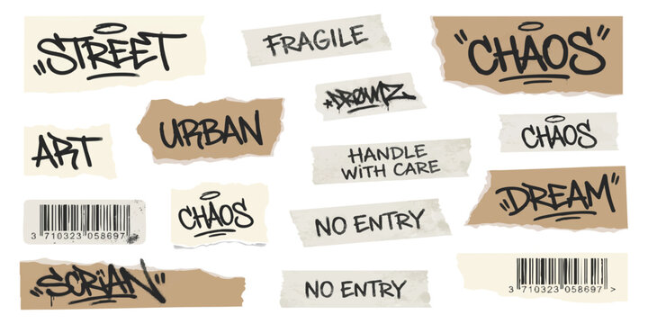 Set of various urban graffiti stickers and labels with words and barcodes in a collection of street art designs