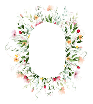 Watercolor floral round oval frame. Meadow peach poppy, red rose, orange, pink flowers, turquoise eucalyptus branches, green leaves, herb. Hand drawn illustration. Artistic template design