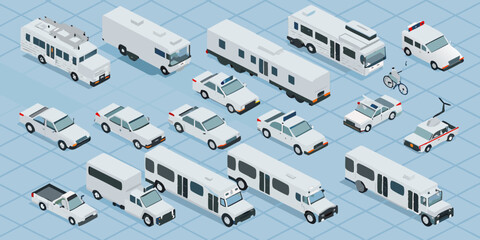 isometric vehicle fleet detailed white cars and transport on blue grid © Shuvra Majumder
