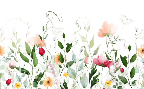 Watercolor floral greenery seamless border frame. Meadow peach poppy, red rose, orange, pink flowers, eucalyptus branches, green leaves, wild herbs. Hand drawn illustration. Artistic template design