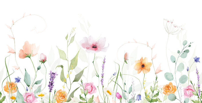 Watercolor floral seamless border. Meadow pastel pink, peach, blue, yellow, violet flowers, green branches, leaves. Hand drawn style illustration. Artistic template design.