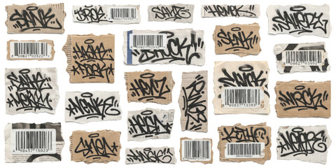 Set of black graffiti tags and barcodes on torn paper stickers for urban street art design © GraphixEra