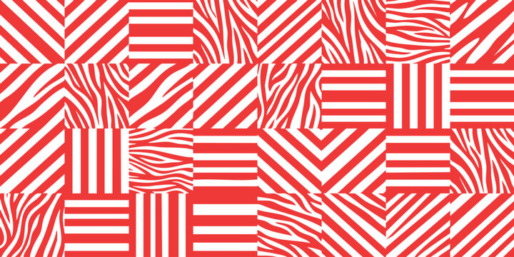 Abstract red and white geometric square pattern with stripes and wavy lines for modern creative graphic design projects