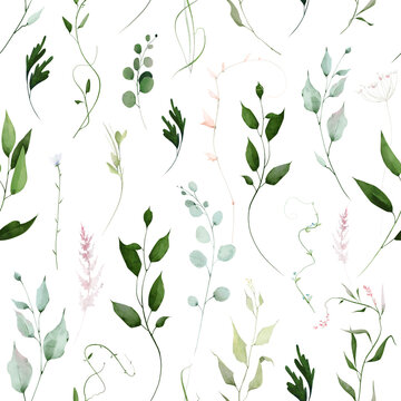 Watercolor greenery seamless pattern. Meadow green leaves, turquoise, blue eucalyptus twigs, dusty pink fern branches, wild herbs. Hand drawn illustration. Artistic template design