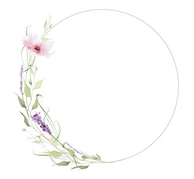 Watercolor floral round wreath bouquet border frame. Dusty pink, blush poppy flowers, violet lavender, olive green branches, leaves. Hand drawn style illustration. Artistic template design.