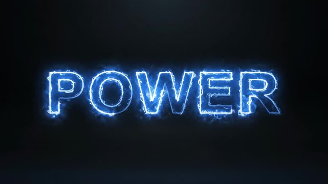 Fiery blue glowing text spelling 'POWER' with energetic light effects illuminates the darkness, symbolizing strength, force, and electrifying dynamism in a visually striking presentation
