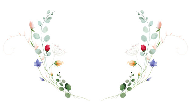 Watercolor floral symmetrical wreath border frame. Blue bells, pink, red buds, peach flowers. Green, turquoise eucalyptus branches. Hand drawn style illustration. Artistic template design.