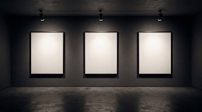 Empty art gallery with three blank white frames on dark gray wall spotlights shining down concrete floor modern interior design minimalistic exhibition space empty museum room