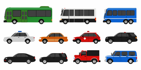 vehicle fleet illustration colorful cars and buses on white background © Shuvra Majumder