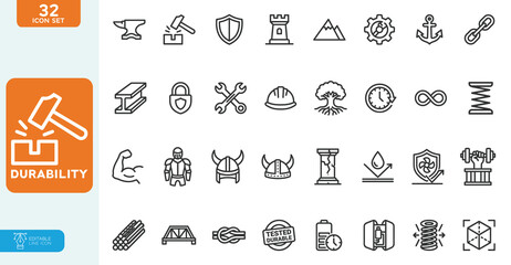 Durability Vector illustration line editable icon set. 32 editable line icons for strength and resilienc. on white background. © MstRatna