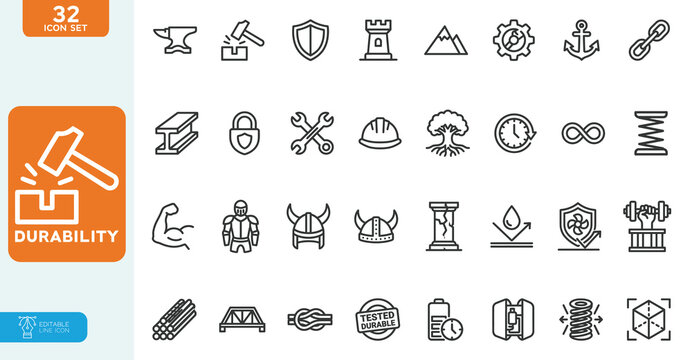 Durability Vector illustration line editable icon set. 32 editable line icons for strength and resilienc. on white background.