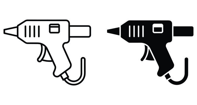 Hot glue gun icon set with outline and solid black versions for craft projects diy repairs industrial tools and workshop equipment