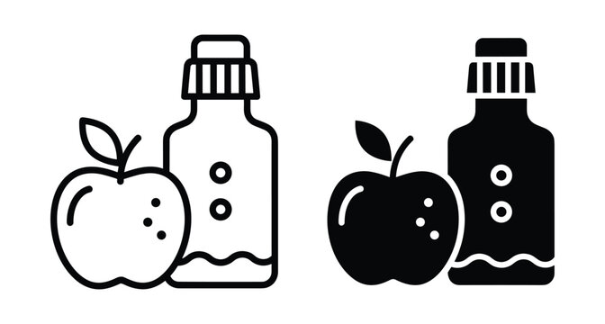 apple juice bottle icon set with fruit and liquid container in outline and solid black style for food design graphics