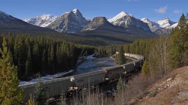 Train on tracks at Morants Curve, Banff National Park, Alberta, Canada