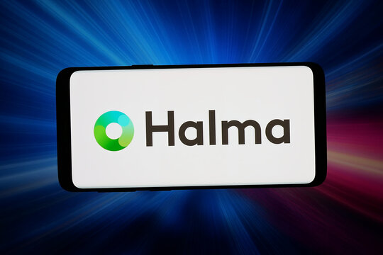 Stuttgart, Germany - 05-18-2026: In this photo illustration, the logo of British safety equipment company Halma plc is displayed on a smartphone in front of abstract background on computer screen.
