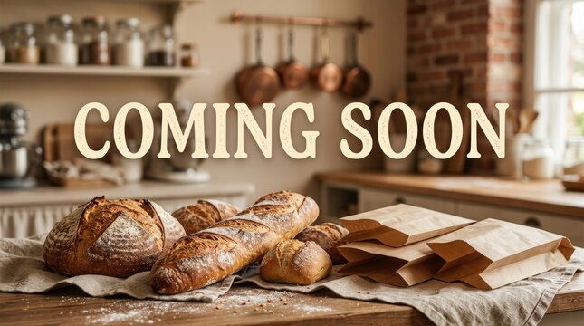 Bakery Opening Soon Banner with Fresh Artisan Bread on Rustic Counter