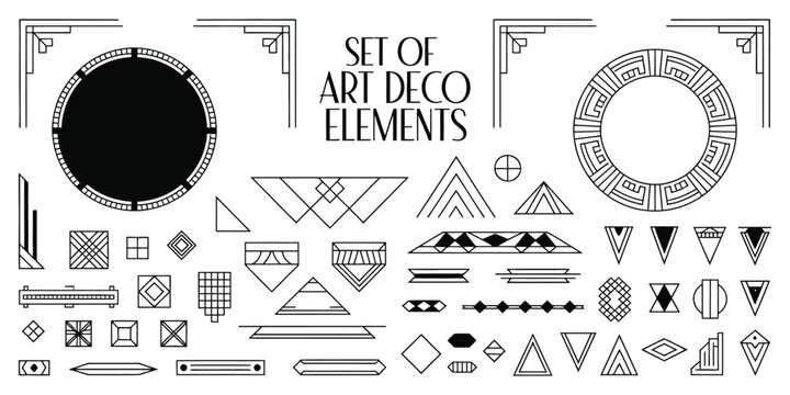 Art Deco Style Geometric Design Set Featuring Round and Rectangular Frames, Stylish Corners, Ornamental Dividers, and Seamless Pattern Brushes with Corner Accents for Luxury Vintage Invitations, 