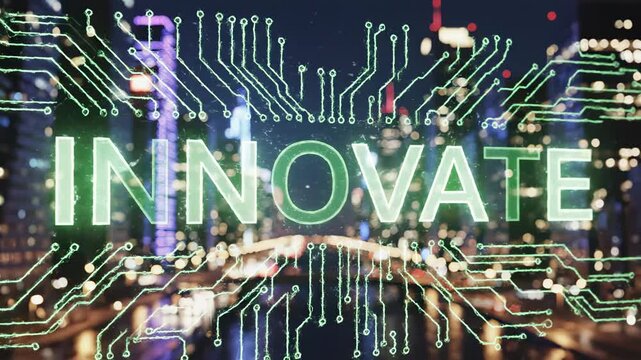 Illuminated glowing green "INNOVATE" text in a digital circuit board pattern overlays a blurred nighttime cityscape evoking technological advancement and futuristic progress in global