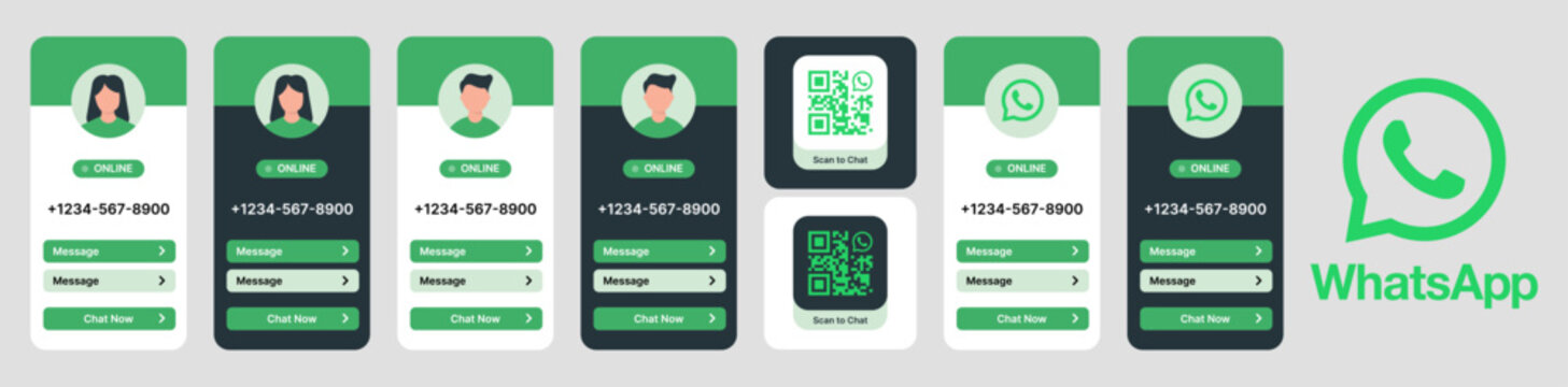 WhatsApp contact card UI kit and WhatsApp business profile interface featuring WhatsApp chat buttons, QR scan card, online status and WhatsApp mobile app design.