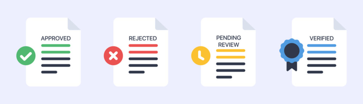 Collection of approved rejected pending review and verified document icons with checklist certificate validation and business approval status symbols for workflow management systems
