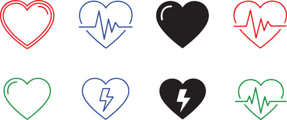 A collection of various heart icons featuring medical and energy symbols isolated on white background © Momutag