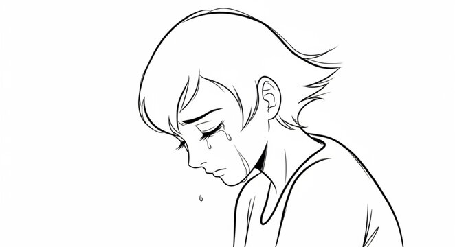 Sad Anime Girl Crying Tears Black and White Sketch.