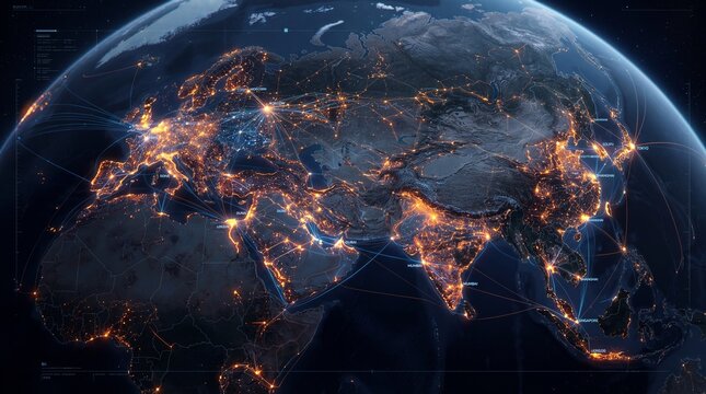 Globe with illuminated city lights at night showing global connections and urbanization across continents