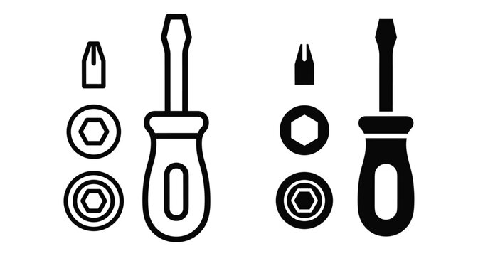 Screwdriver hand tool icon set with interchangeable bits and hex sockets for repair maintenance construction and DIY home improvement projects