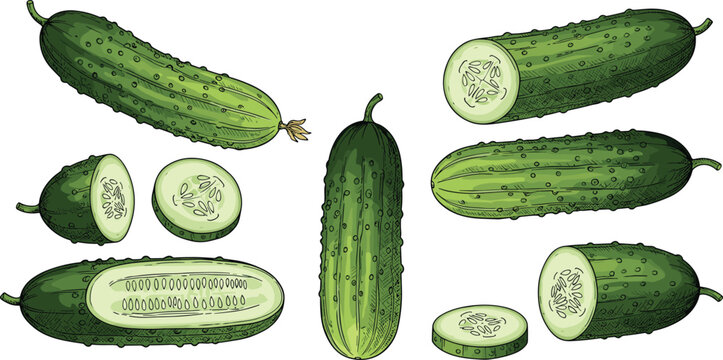 Vector illustration of assorted fresh cucumbers with cross-section and lengthwise slices, hand-drawn garden vegetables, organic farm produce, healthy nutritious food, botanical