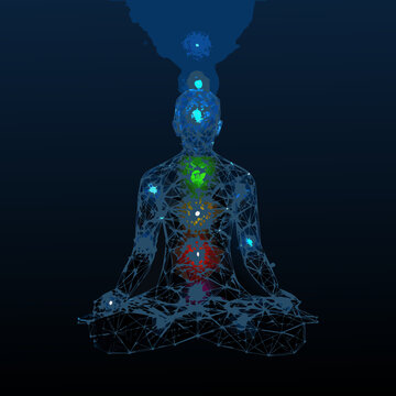 meditating person with chakra energy points digital illustration