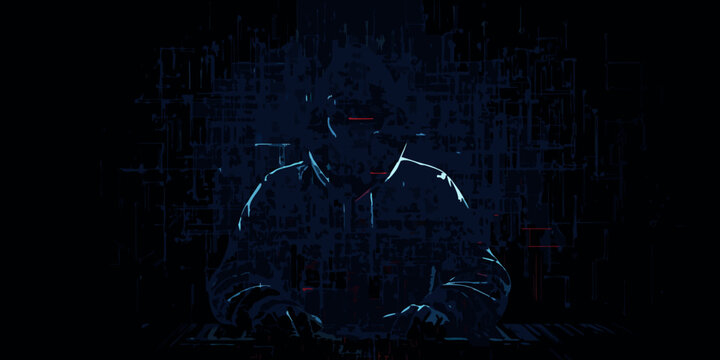 person in hooded jacket with digital glitch effect dark background