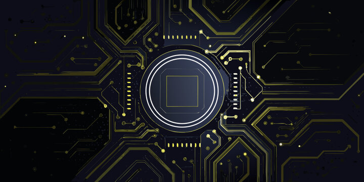 futuristic circuit board pattern with central square gold and black