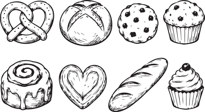 Hand drawn collection of various delicious baked goods including pretzels bread loaves cookies muffins and sweet cinnamon rolls illustration