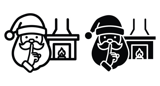 Santa Claus making shush gesture with finger on lips standing near fireplace in outline and solid black icon style set