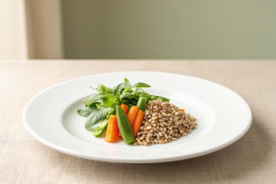 Plate of barley and fresh vegetables with leafy greens and baby carrots