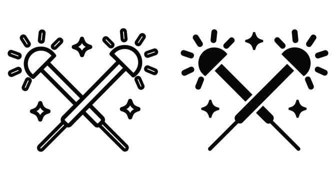Crossed sparkler icons in outline and solid black styles for celebration party events magic show and holiday festive decoration elements