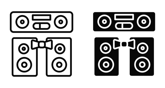 Audio stereo system speaker and amplifier icons with bowtie in outline and solid glyph styles for music sound equipment interface