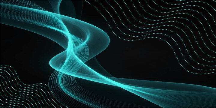Abstract dark background with glowing cyan light waves, flowing digital particles, and elegant thin line patterns for futuristic tech banner