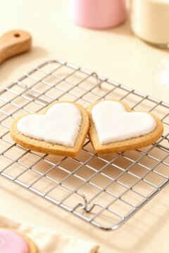 Heart-shaped iced cookies on a cooling rack in a soft pastel kitchen scene
