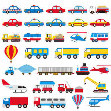 colorful transport vehicles collection flat vector illustration on white background