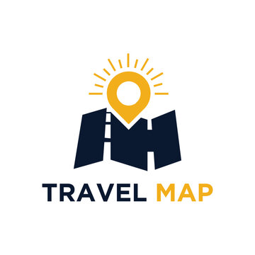Travel Map Logo with Location Pin and Sun Rays.