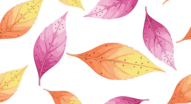 Vector illustration of autumn leaves in orange, yellow, and pink shades, falling foliage, seasonal nature design, colorful fall leaves scattered in cartoon style