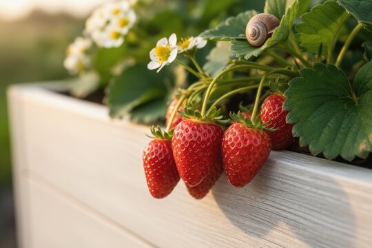 Strawberries ripening on planter edge with leafy green foliage and white blossom