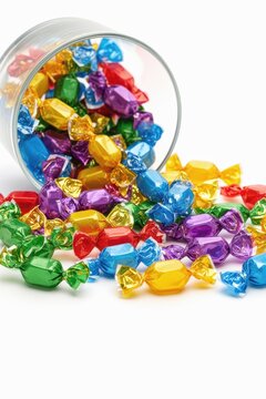 Wrapped colorful candies spilling from glass jar on white background with copyspace