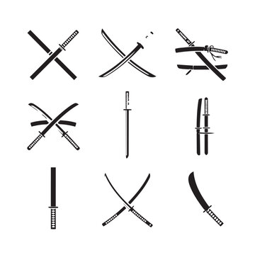 Collection of japanese katana swords and samurai sword arrangements with sword fight, martial arts