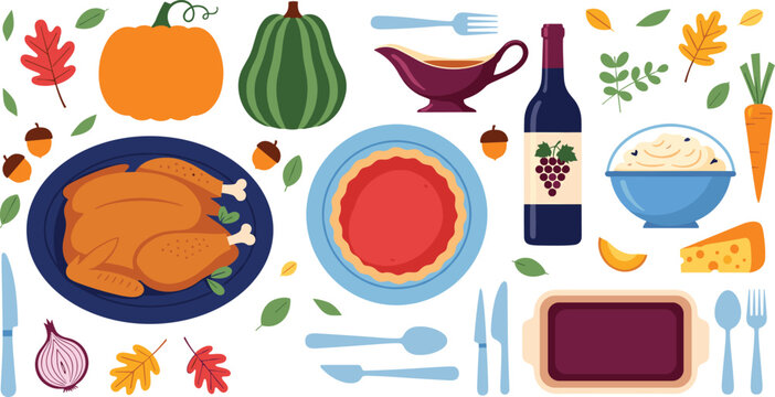 Thanksgiving dinner vector illustration set with roasted turkey pumpkin pie wine gravy mashed potatoes and autumn leaves isolated on white background for holiday design